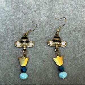 Bumblebee tulip flower beaded crystal rhinestone dangling earrings